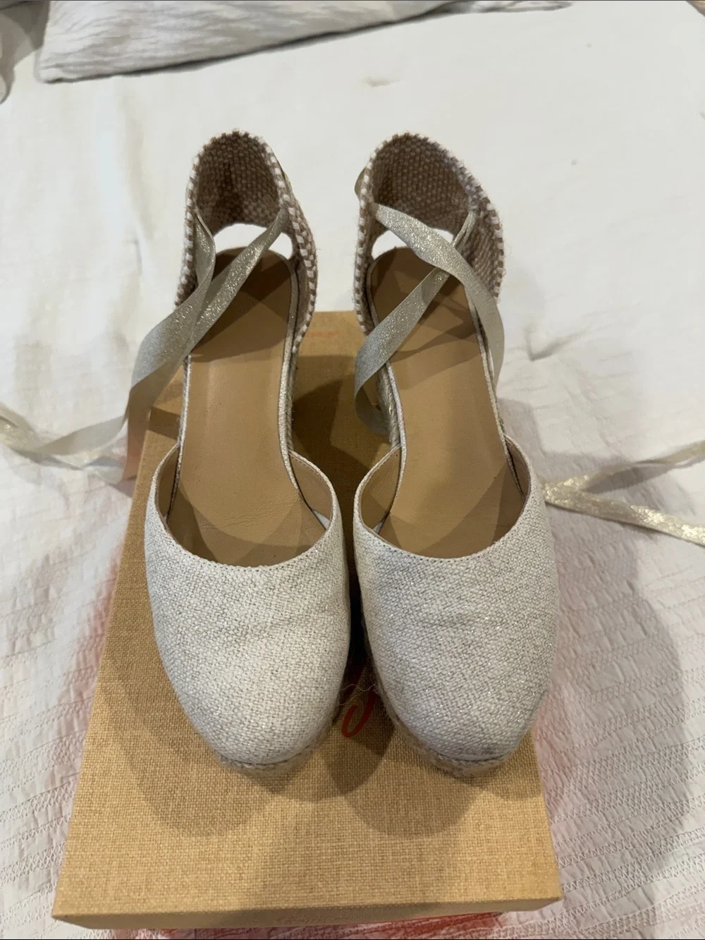 Castaner Carina Sandal-Neutral Linen Espadrille Wedge with Ankle Tie